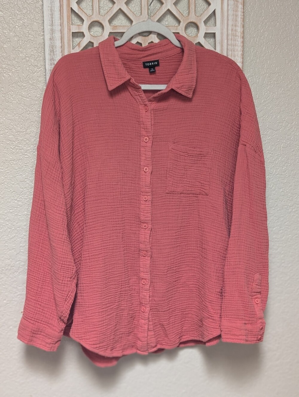 Torrid Plus Size 2X Pink Shirt Cotton Gauze Drop Shoulder Button Up Coastal Boho